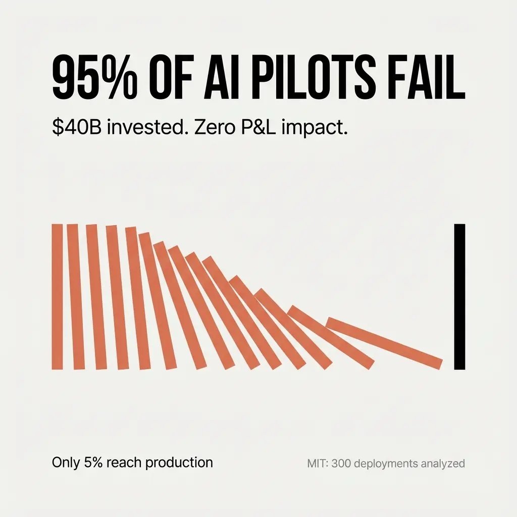 Bar chart illustration showing most AI pilots failing, with only a small portion reaching production.