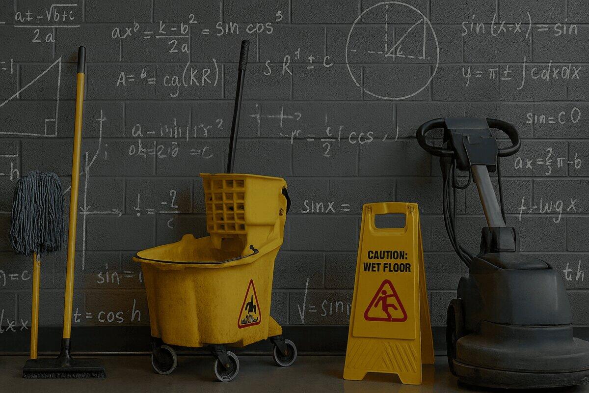 Cleaning equipment including a mop, bucket, floor machine, and wet floor sign arranged against a wall covered with mathematical formulas.