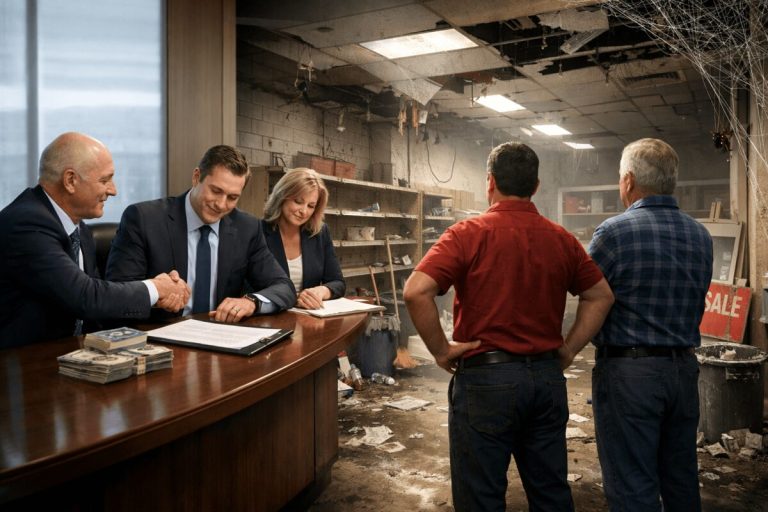 Four business professionals sit at a desk reviewing and signing documents while two maintenance workers stand nearby, looking into a heavily damaged interior space with debris, exposed ceiling, and broken fixtures.