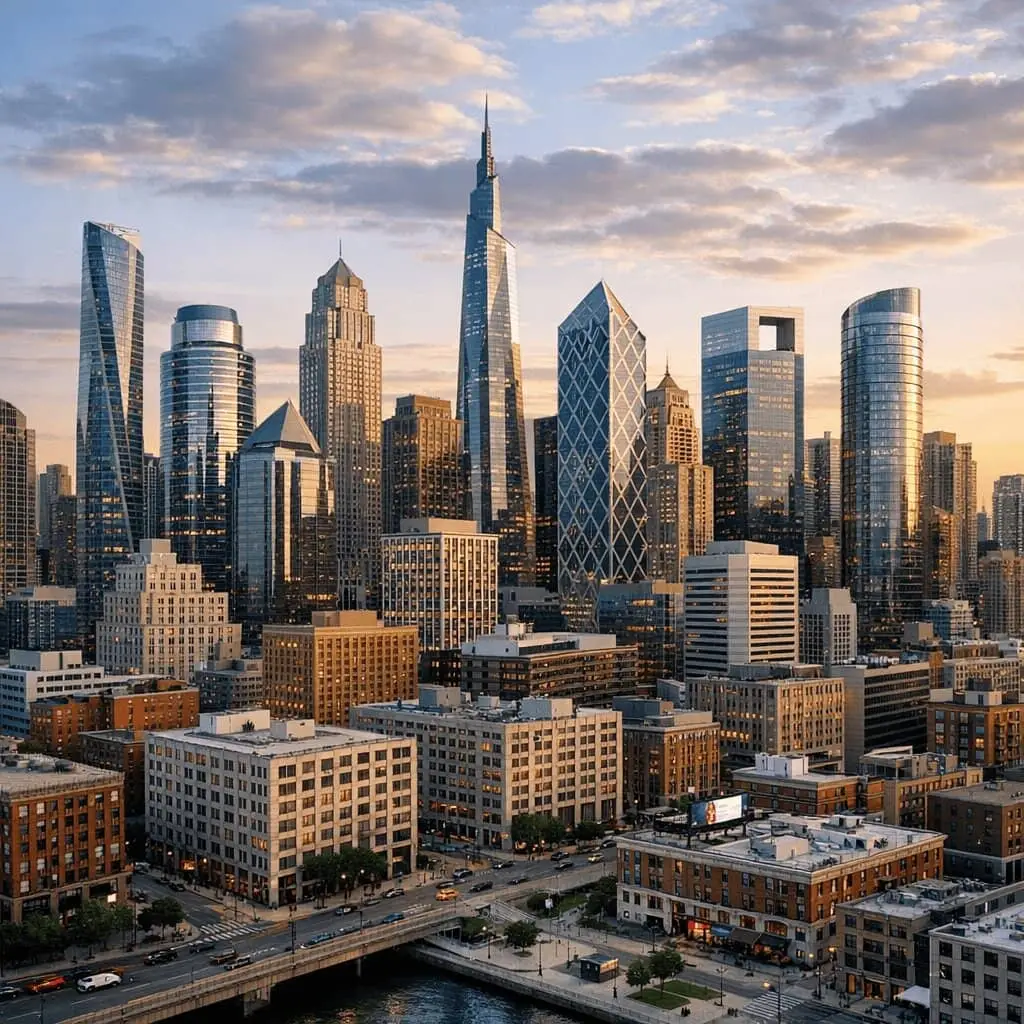 Commercial real estate skyline at golden hour — ClearFM facility management platform for property managers and service providers